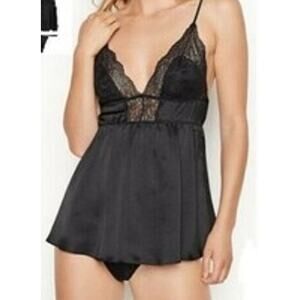 VICTORIA SECRET - Satin Babydoll Lingerie Teddy Slip Black Sleep Top Sz S